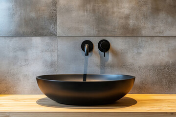 Contemporary bathroom design highlights minimalist black sink, offering matte black tap and concrete like tile for premium home improvement projects.