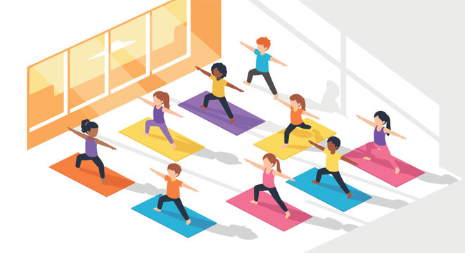 Colorful group yoga class in bright studio featuring diverse participants