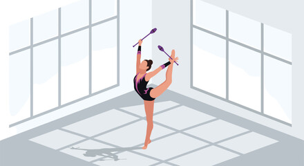 Fototapeta premium Elegant rhythmic gymnast performing with clubs in sunlit studio