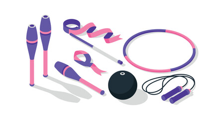 Colorful gymnastics equipment set in isometric style for fitness and rhythmic exercises