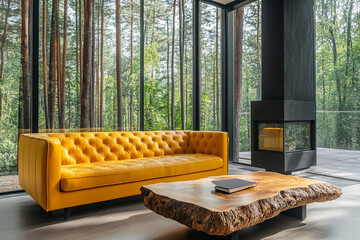 Contemporary interior showcases a comfortable yellow Chesterfield sofa, a rustic wood coffee table, and a modern fireplace, ideal for luxury home decor trends.