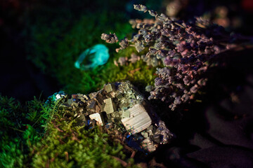 Crystals, including pyrite and a blue stone, sit next to dried lavender on vibrant moss, illuminated by colorful lights in a peaceful environment