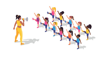 Colorful isometric kids fitness class with energetic instructor