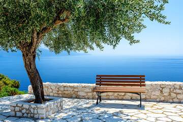 Mediterranean landscape showcases bench with stunning sea view, featuring tranquil olive tree and clear blue sky, creating a perfect vacation escape.