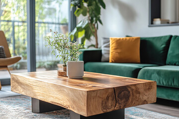 Cozy living design exhibits stylish furniture, showing ????? sofa, elegant wooden table and delicate plant arrangement to complete modern home decor.
