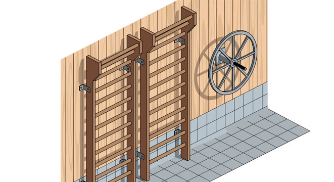 Isometric gym wall bars and gym wheel in wooden panel room