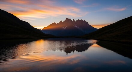 Serene Mountain Lake Reflection at Sunset - A Tranquil Landscape.