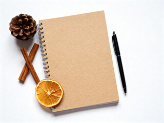 Winter Planning Kraft Notebook Mockup with Pine Cone and Cinnamon Sticks Flat Lay