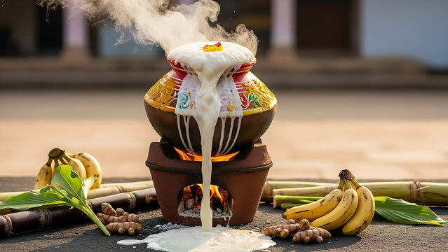 Traditional Pongal Pot Boiling Over Symbolizing Prosperity and Harvest