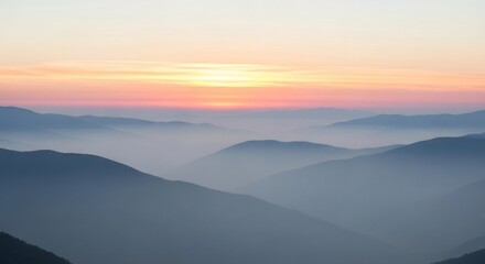 Serene Mountain Landscape at Sunrise with Misty Valleys.