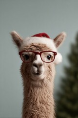 Obraz premium Llama wearing glasses and Santa hat, exuding festive cheer and c