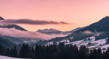 Serene Mountain Landscape at Sunset with Clouds and Snow.
