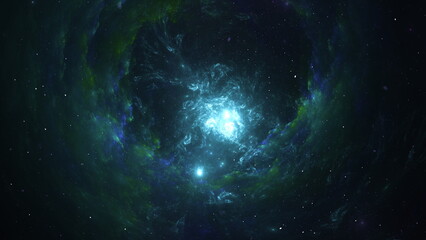 Vibrant blue and green cosmic clouds surround bright stars in the night sky. scene captures the vast beauty of the universe and the mysteries over a distant galaxy. 3d render
