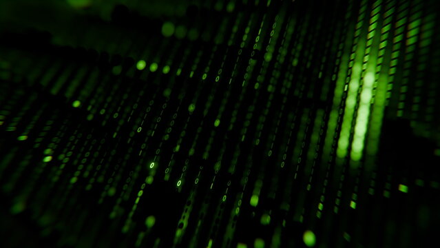Bright green binary symbols flow across the dark background, forming a mesmerizing pattern that emphasizes technology and digital innovation, creating an immersive visual experience. 3d render - Powered by Adobe