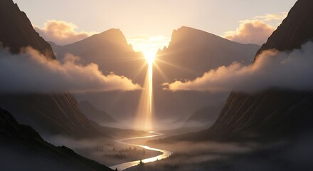 Serene Mountain Landscape with Golden Light and Flowing River.