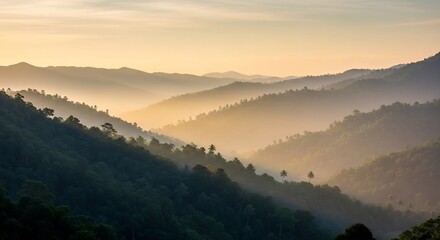 Serene mountain landscape with layers of hills and soft morning light.