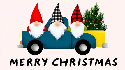 Three whimsical gnomes with colorful hats are joyfully riding in a blue truck, decorated with a Christmas tree, celebrating the festive holiday spirit in a cheerful illustration