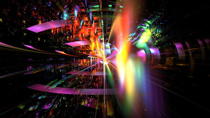 vivid light tunnel creates swirling patterns of color, showcasing an immersive experience in a digital landscape filled with abstract designs and dynamic energy. 3d render