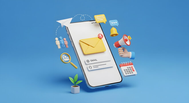Smartphone displaying an email notification and login surrounded by floating digital communication and service icons