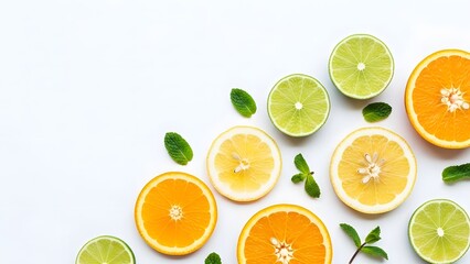 Sliced citrus fruits, including oranges, lemons, and limes, are arranged with fresh green mint leaves on a clean white background.
