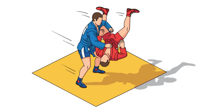 Sambo wrestling action scene with two competitors in dynamic sports move