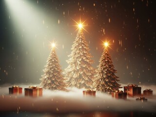 Festive christmas trees with gifts and snowfall illuminated by spotlight isolated on white background