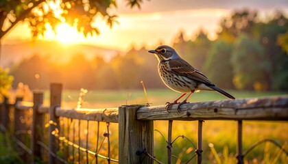 A bird perched on a wooden fence, bathed in the golden light of a sunset over a rolling, verdant landscape