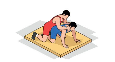 Wrestling match scene with athletes in red and blue uniforms on wrestling mat