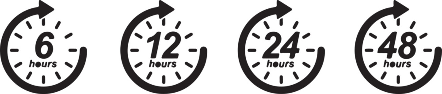 Illustration of 6, 12, 24, and 48 hour turnaround time icons isolated on, representing different timeframes for completion