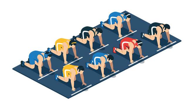 Isometric track athletes lined up for race on starting block platform