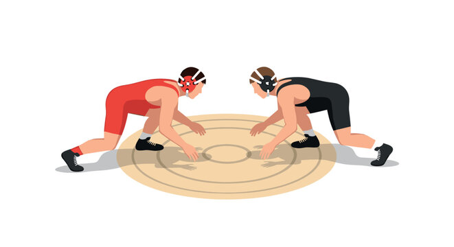 Two wrestlers in a standoff pose on a wrestling mat in flat design