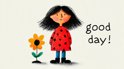 Cheerful girl with black hair wearing a red polka dot dress stands beside a bright yellow flower, conveying a positive message of good day in a playful illustration style