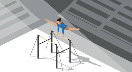 Artistic gymnast on parallel bars performing routine in modern isometric style