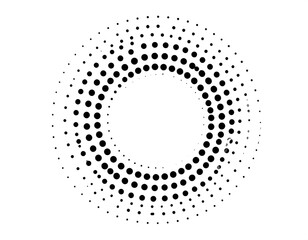 A black and white circle graphic with a radial pattern of dotted circles, creating an optical illusion