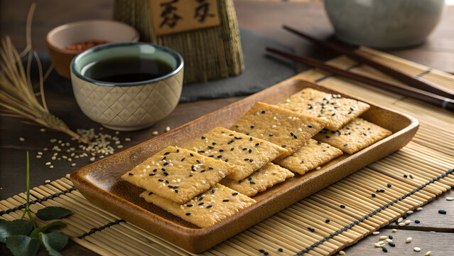 Crispy rice crackers with sesame seeds on a wooden tray