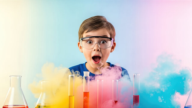 Young boy with glasses, excitedly observing colorful chemical reactions in laboratory flasks, surrounded by vibrant smoke, embodying the joy of learning in a chemistry classroom setting