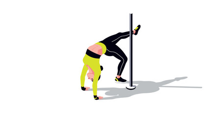 Obraz premium Dynamic pole dancing pose: athletic woman in vibrant fitness outfit performing acrobatics