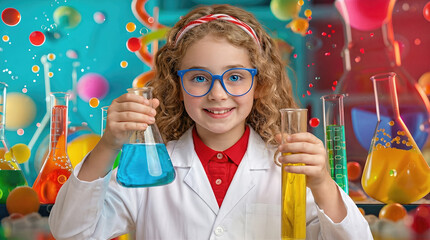 Young girl in a lab coat holds colorful beakers filled with blue and yellow liquids, surrounded by vibrant chemistry equipment, showcasing the excitement of science in a classroom setting