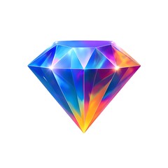 Vibrant multicolor crystal diamond with glowing reflections on white background, showcasing vibrant rainbow hues and sharp faceted surfaces, high detail faceted diamond, holographic diamond style