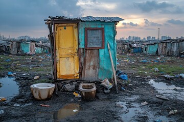 Lack of sanitation in poor residential area with broken-down structures