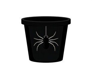 A black, cylindrical pot with a prominent, white spider design centered on its front face. The pot has a rim and rests on a white background