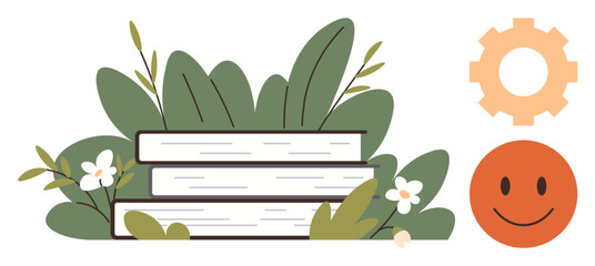 Stack of books surrounded by leaves and flowers, orange gear, and smiling face. Ideal for education, growth, positivity, creativity, mechanics, harmony and learning representation in simple flat
