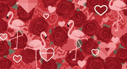 A seamless pattern featuring pink flamingos, red roses, and various heart shapes on a red background, evoking a romantic and loving theme.