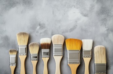 Overhead shot of various painting brushes arranged in rows with white beige heads and wooden handles against gray background, diverse artistic tools for home decor or wall painting work