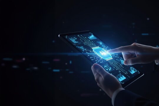 Businessman using a digital tablet with glowing AI interface icons, symbolizing artificial intelligence, future technology, automation, and data-driven decision-making.