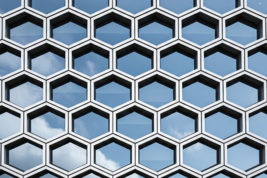 Modern building facade with repeating hexagonal windows reflecting the sky, creating a geometric architectural pattern and contemporary structural design.