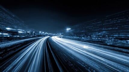 Fast Moving Blue Light Trails Create a Dynamic Data Stream in a Digital Landscape at Night