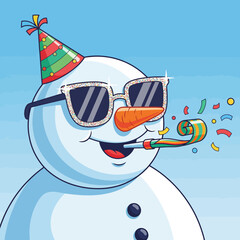 Cute Christmas Snowman with Party Hat and Sunglasses Celebrating New Year Winter Holiday Fun
