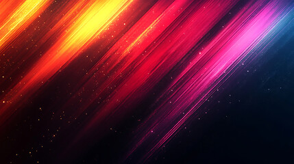 Abstract background features diagonal glowing light stripes in yellow, orange, red, pink, and blue, with scattered particles creating a dynamic, colorful gradient