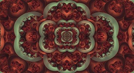 Intricate symmetrical fractal pattern in warm reddish-brown and cool greenish-grey tones, creating a mesmerizing abstract digital art piece.